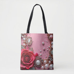 Pearls and a Detailed Red Rose Tote Bag