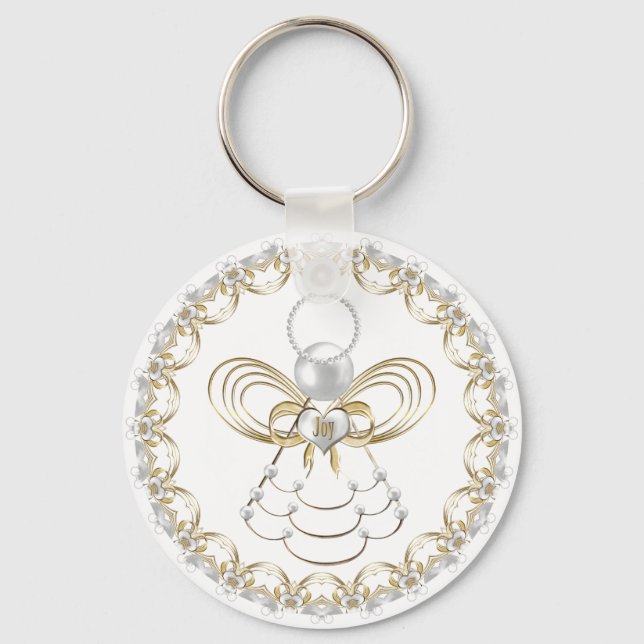 Pearls and Gold Filigree Christmas Angel of Joy Key Ring (Front)