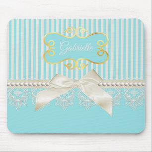 Pearls and Lace Aqua Stripes Cream Bow With Name Mouse Pad