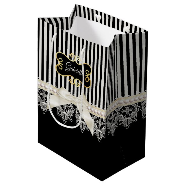Pearls and Lace Black Stripes Cream Bow Gold Name Medium Gift Bag (Front Angled)