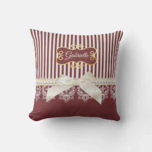 Pearls and Lace Deep Red Stripes Bow and Name Cushion