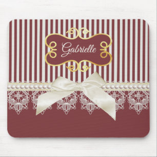Pearls and Lace Deep Red Stripes Bow and Name Mouse Pad