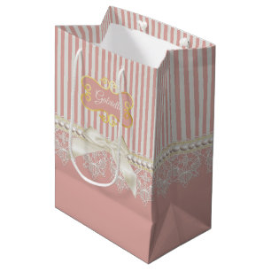 Pearls and Lace Pink Stripes Cream Bow and Name Medium Gift Bag