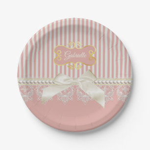 Pearls and Lace Pink Stripes Cream Bow and Name Paper Plate