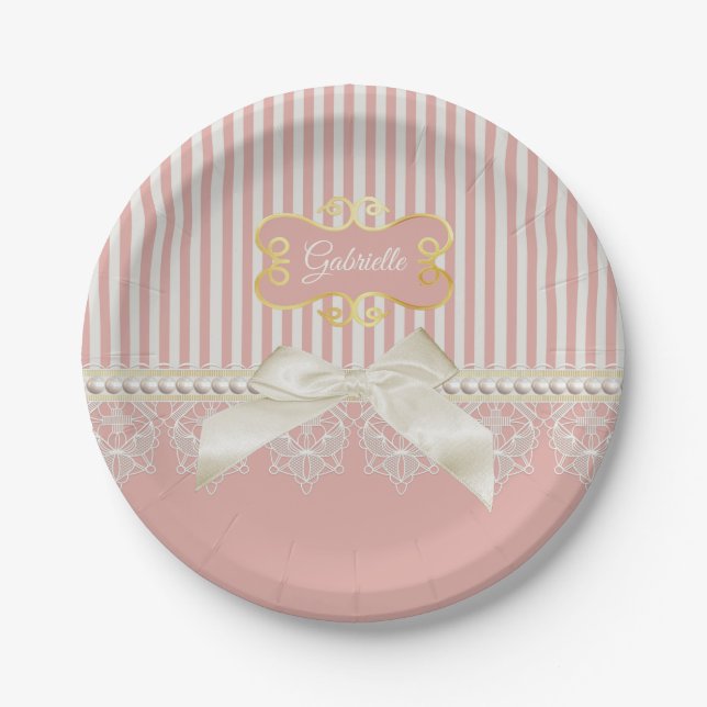 Pearls and Lace Pink Stripes Cream Bow and Name Paper Plate (Front)