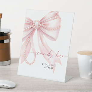 Pearls and Pink Bow Candy Bar Pedestal Sign