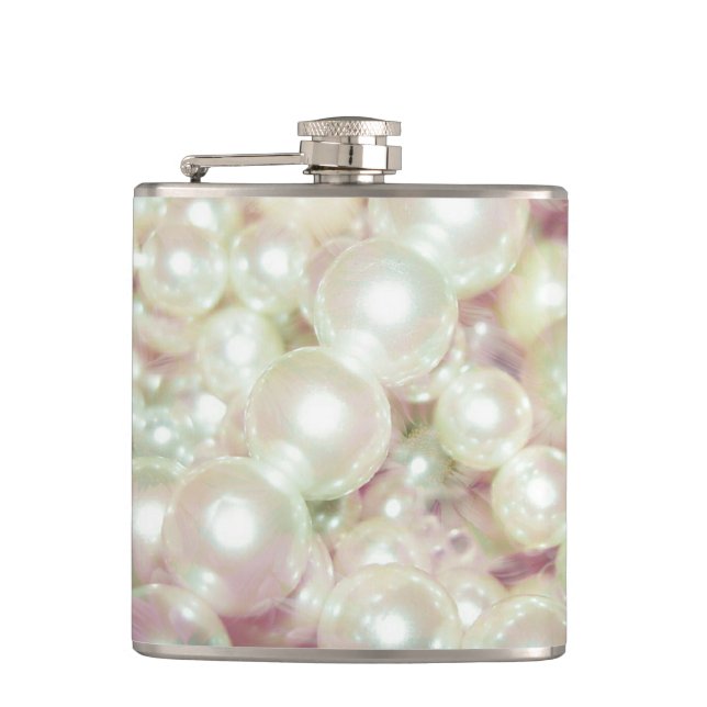 Pearls And Pink Daisy Hip Flask (Front)
