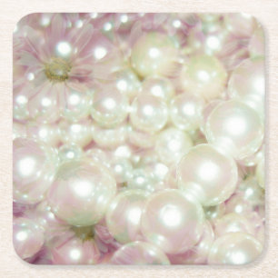 Pearls And Pink Daisy Square Paper Coaster
