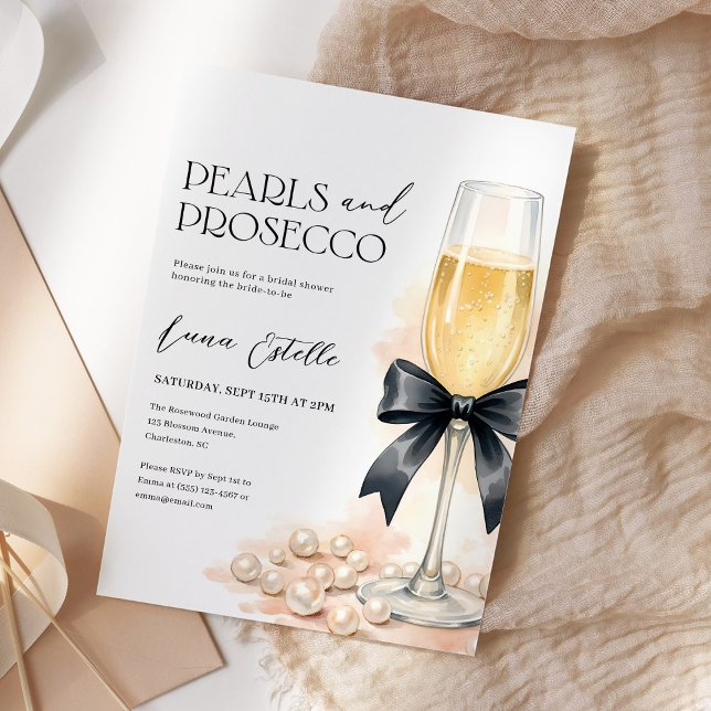 Pearls and Prosecco Black Bow Bridal Shower Invitation (Creator Uploaded)