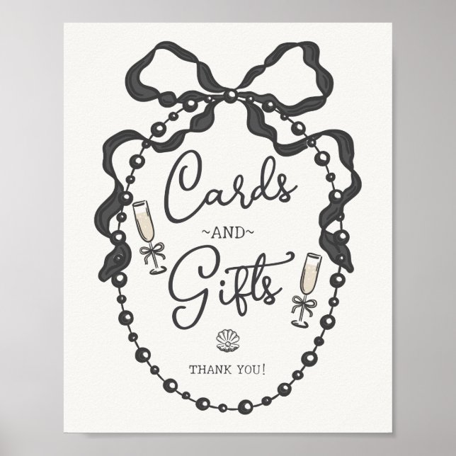 Pearls and Prosecco Black Bow Cards & Gifts Sign (Front)