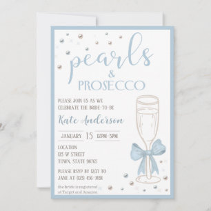 Pearls and Prosecco Blue Bow Bridal Shower Invitation