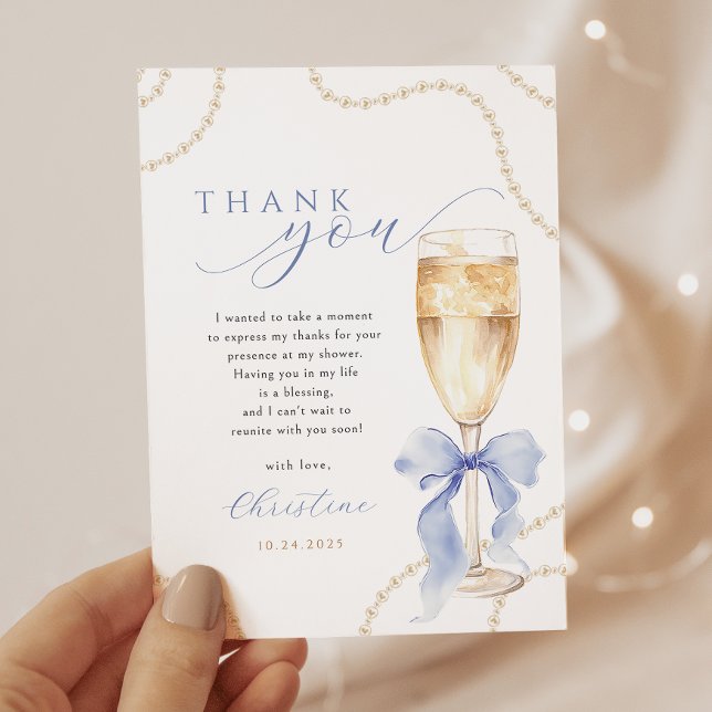 Pearls and Prosecco Blue Bridal Shower Thank You Card (Creator Uploaded)