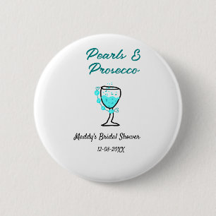 Pearls and prosecco bridal shower blue black name 6 cm round badge
