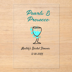 Pearls and prosecco bridal shower blue black name acrylic invitations