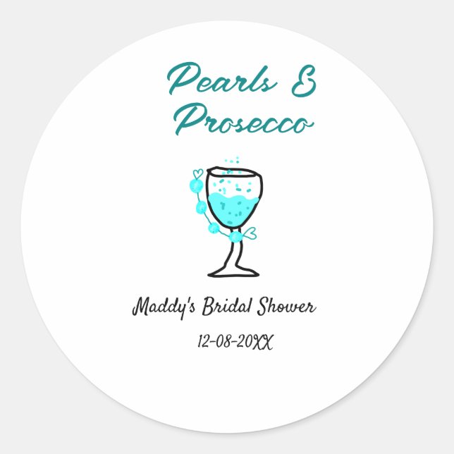 Pearls and prosecco bridal shower blue black name  classic round sticker (Front)