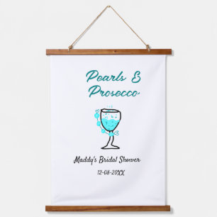 Pearls and prosecco bridal shower blue black name  hanging tapestry