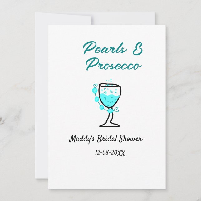 Pearls and prosecco bridal shower blue black name  invitation (Front)