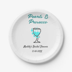 Pearls and prosecco bridal shower blue black name  paper plate