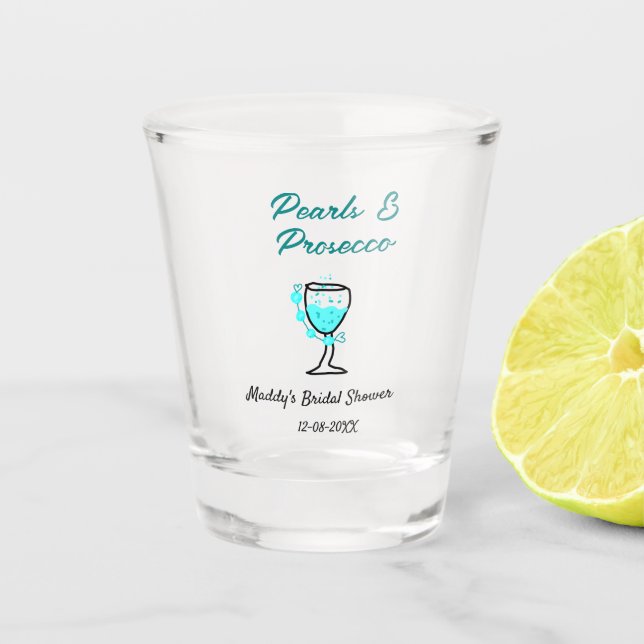 Pearls and prosecco bridal shower blue black name  shot glass (Front)