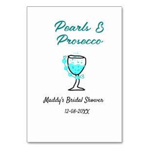 Pearls and prosecco bridal shower blue black name table number