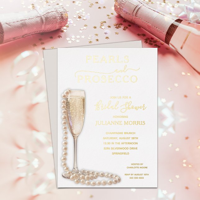 Pearls and Prosecco Bridal Shower Brunch & Bubbly (Pearls and Prosecco bridal shower brunch & bubbly REAL GOLD FOIL invitations)