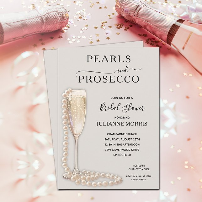 Pearls and Prosecco Bridal Shower Brunch & Bubbly Invitation (Pearls and Prosecco taupe bridal shower brunch & bubbly invitations)