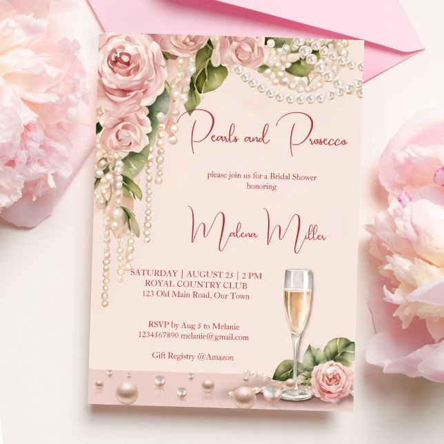Pearls and prosecco bridal shower elegant pink invitation (Pearls and prosecco bridal shower elegant invitation editable template instant download blush pink)