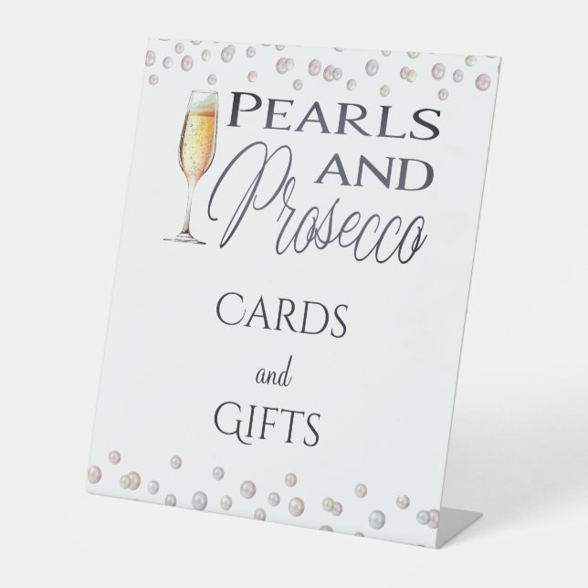 Pearls and Prosecco Bridal Shower Favour Pedestal Sign (Front)