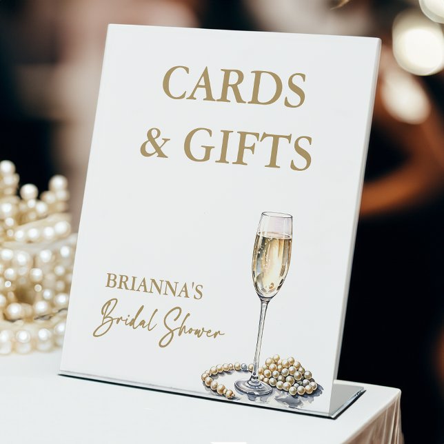Pearls and prosecco bridal shower gifts sign (Pearls and prosecco bridal shower cards and gifts table sign personalized decor simple elegant)