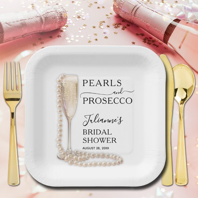 Pearls and Prosecco Bridal Shower Paper Plate (Pearls and Prosecco brunch and bubbly bridal shower square paper plates)