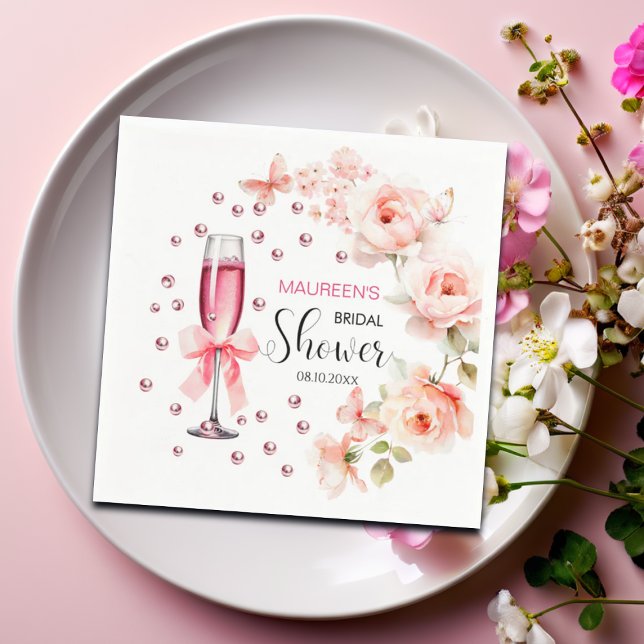 Pearls and Prosecco Dusty Pink Roses Bridal Shower Napkin (Creator Uploaded)