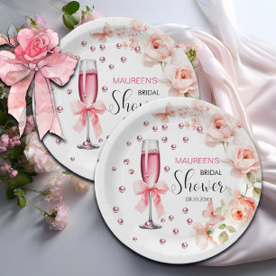Pearls and Prosecco Dusty Pink Roses Bridal Shower Paper Plate