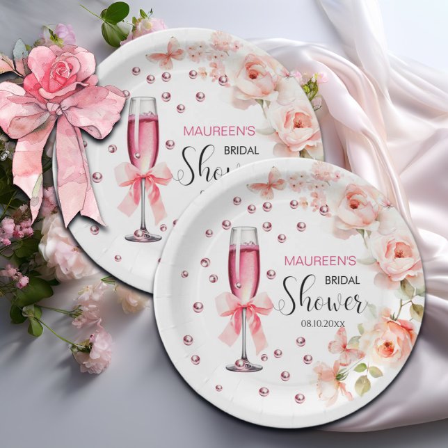 Pearls and Prosecco Dusty Pink Roses Bridal Shower Paper Plate (Creator Uploaded)