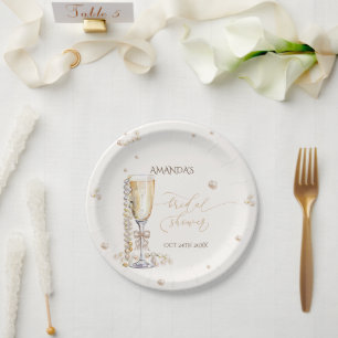 Pearls and Prosecco Elegant Bow Bridal Shower Paper Plate