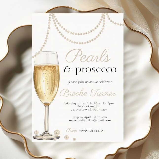 Pearls and Prosecco elegant Bridal brunch Shower Invitation (Pearls and Prosecco bridal shower invitation)