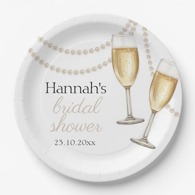 Pearls and prosecco Elegant bridal Shower Paper Plate (Front)