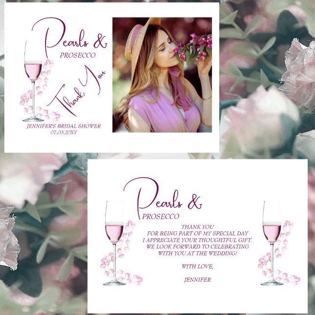 Pearls and Prosecco Elegant Photo Bridal Shower Thank You Card (Creator Uploaded)