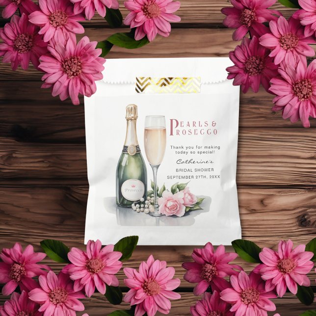 Pearls And Prosecco Floral Elegant Bridal Shower Favour Bags (Flat lay pearls and prosecco bridal shower rustic glam chic watercolor floral favor bag)