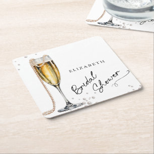 Pearls and Prosecco Minimalist Bridal Shower Square Paper Coaster