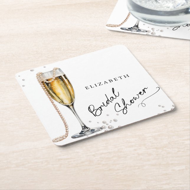 Pearls and Prosecco Minimalist Bridal Shower Square Paper Coaster (Angled)