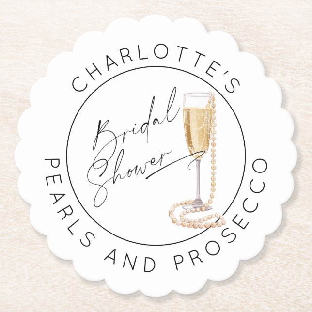 Pearls and Prosecco Modern script Bridal shower Paper Coaster (Front)