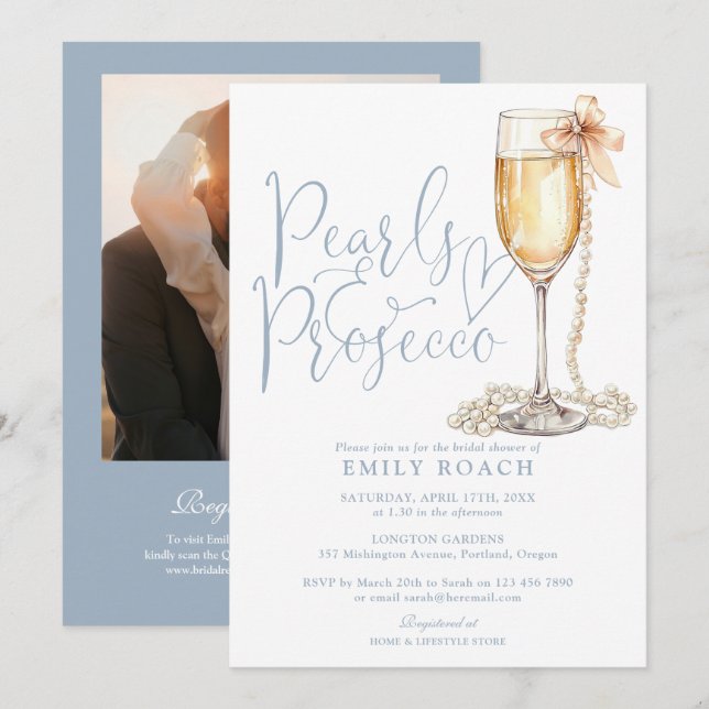 Pearls And Prosecco Photo QR Code Bridal Shower Invitation (Front/Back)