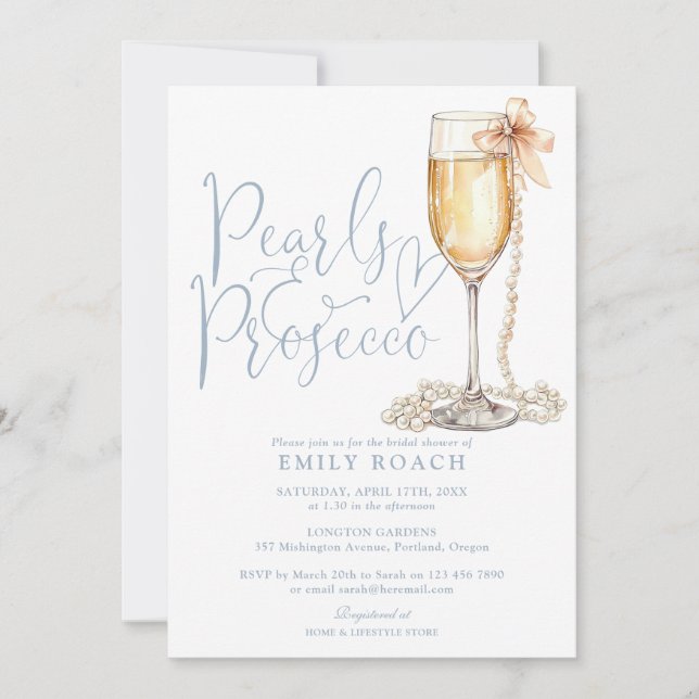 Pearls And Prosecco QR Code Blue Bridal Shower Invitation (Front)