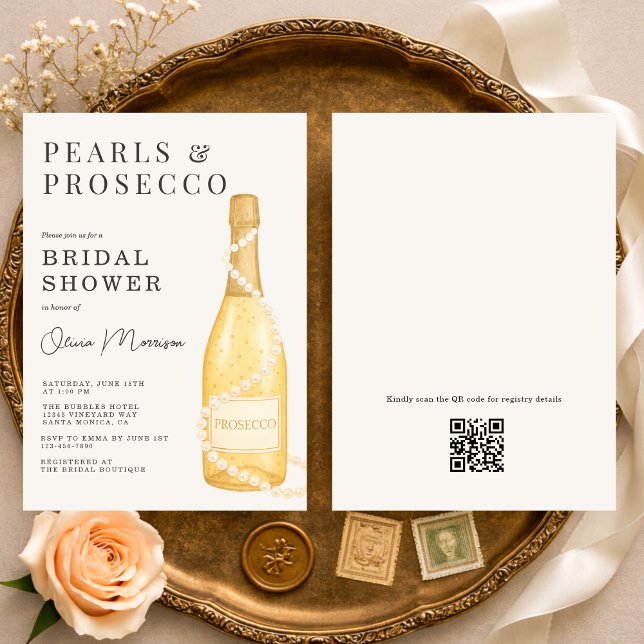 Pearls and Prosecco QR Code Bridal Shower Invitation (Creator Uploaded)
