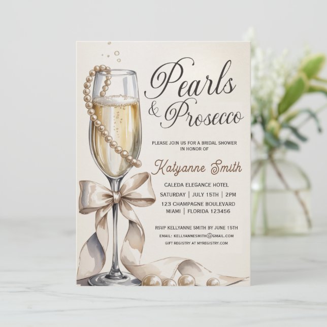 Pearls and Prosecco White Bow Bridal Shower  Invitation (Standing Front)