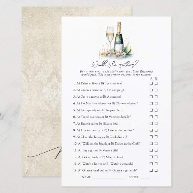 Pearls and Prosecco Would She Rather? Bridal Game (Front/Back)