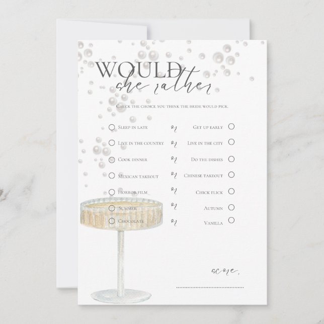Pearls and Prosecco Would she Rather Bridal Game Invitation (Front)