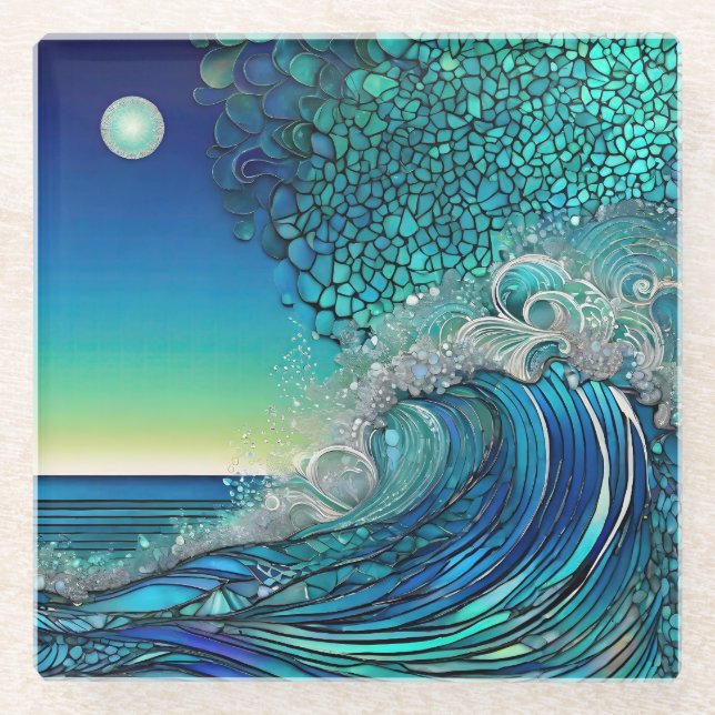 Pearls Beneath the Tide – Surreal Seascape Glass Coaster (Front)