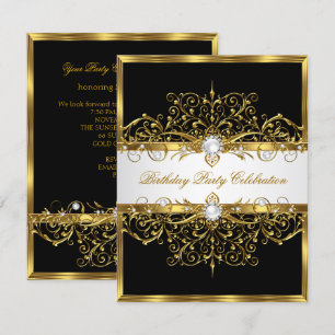 Pearls Black White Gold Elegant Birthday Party Invitation