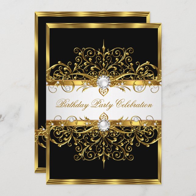 Pearls Black White Gold Elegant Birthday Party Invitation (Front/Back)